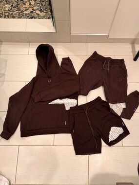 Brown Hoodie + Joggers + Shorts Set with White Patch Details